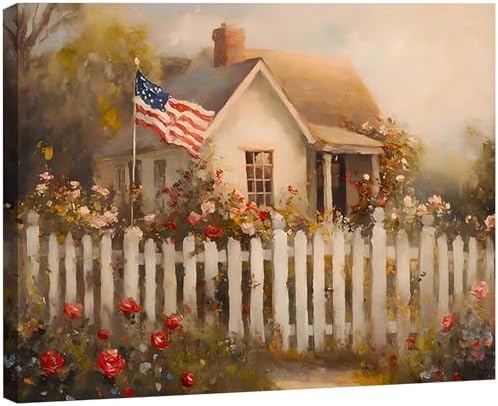 RIBNTAK Made in USA Patriotic American Flag Farmhouse Canvas Wall Art, 4th of July Cottage Garden with Roses Painting Print, Independence Day Decor for Living Room, Bedroom & Kitchen