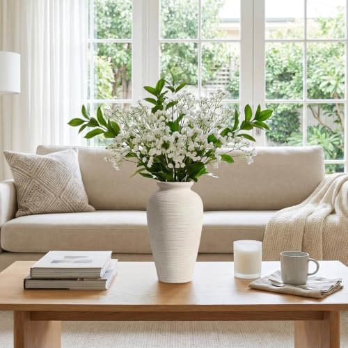 11.02 Inch Tall Vintage White Ceramic Flower Vase, Rustic Farmhouse Beige Stone Texture Vase for Home Decor, Decorative Terracotta Vase for Table Centerpiece Living Room Bathroom (Off White-11.02'')