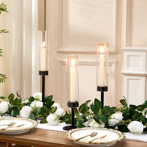 Black Hurricane Glass Candle Holders Set of 3 Tall Taper Candlestick Holder