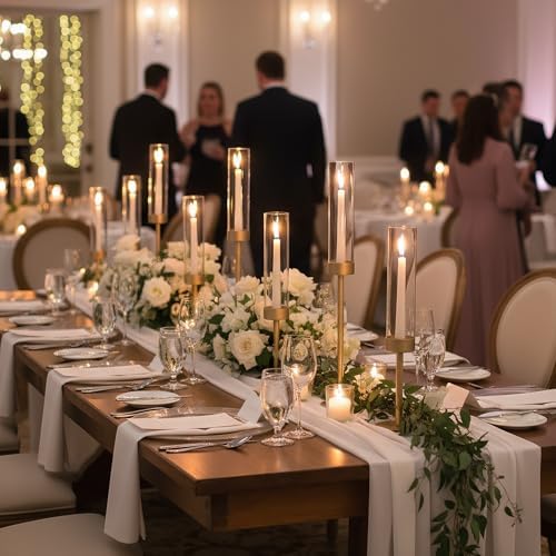 Ronasip Hurricane Candle Holders Set of 3, Matte Gold Metal Taper Candlestick Holders with Clear Glass Chimney Cylinder Tubes, Tall Candle Stands for Wedding, Christmas, Dining Table Centerpiece Decor