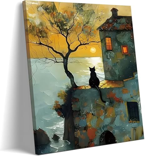Framed Cat Watching Sunset Wall Art, Black Cat Silhouette Canvas Print Picture, Vintage Coastal Landscape Oil Painting Style, Cat Wall Decor for Living Room Bedroom 12x16 Inch