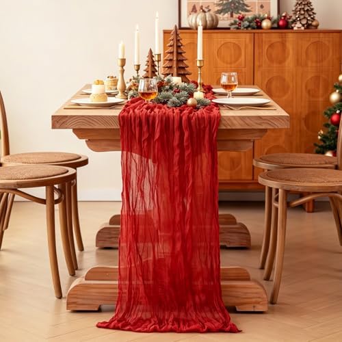 Red Cheesecloth Table Runner, 10FT Rustic Christmas Red Boho Gauze Table Runner for Christmas Wedding Bridal Shower Baby Shower Birthday Tea Party Decorations