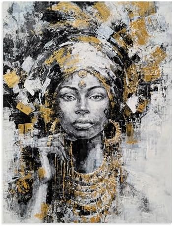 Yihui Arts Black Woman Painting with Gold Foil - Hand Painted African American Canvas Wall Art for Living Room, Bedroom, and Hallway Decor