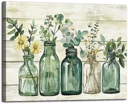Yaoliyu Rustic Bathroom Decor Eucalyptus Flower Canvas Wall Art Green Botanical Prints Plant Floral Glass Vase Painting Bathroom Picture Wall Decor Farmhouse Artwork 16x20inch