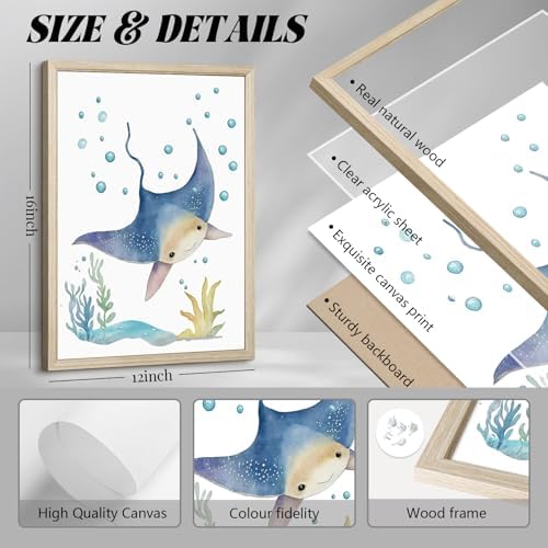 Nursery Sea Animal Wall Decor Set of 6 Ocean Watercolor Canvas Wall Art Baby Boys Room Wall Art Ocean Sea Animal Pictures Kids Girl Art Prints Nursery Artwork for Bedroom 12x16 Inch Framed