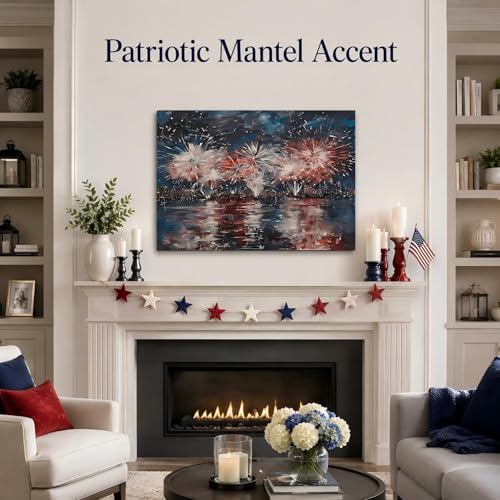 Patriotic 4th of July Fireworks Framed Canvas Wall Art, Red White Blue City Night Skyline Painting, Independence Day Holiday Decor for Living Room, Bedroom, Kitchen and Home Decoration