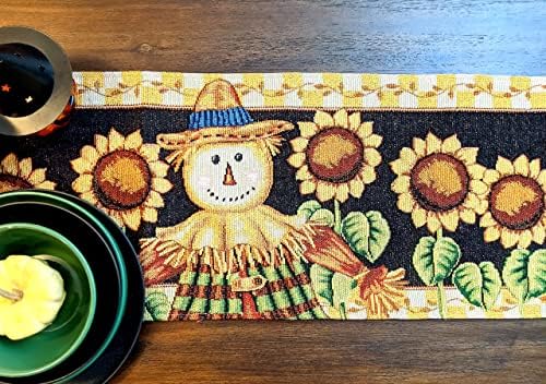 Tache Fall Table Runners 90 inches Long Sunflower Field Scarecrow Thanksgiving Table Runner Leaves Vintage Farm Harvest Table Runner Decorative Woven Black Yellow Tapestry Autumn Table Runner 13x90