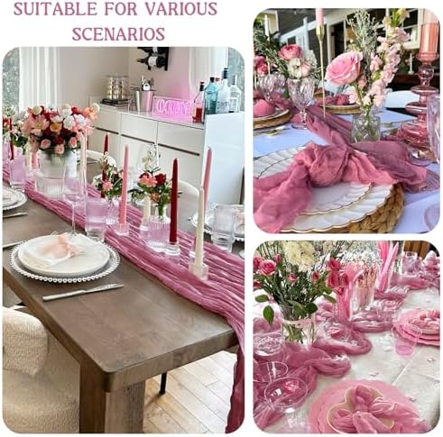 4 Pack 120 Inch Dusty Rose Cheesecloth Table Runner Boho Rustic Gauze Sheer Romantic 10 FT Long Cheese Cloth Table Runner for Bridal Baby Shower Wedding Party Birthday Holiday Home Easter Decor