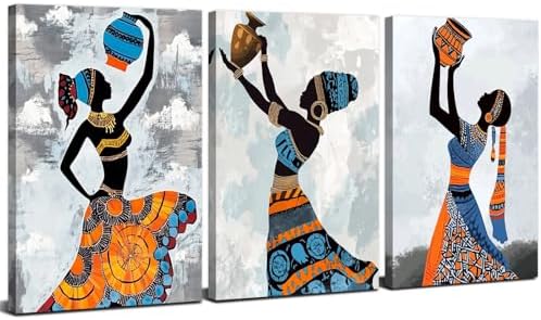 Black Woman Wall Art for Girl Bedroom Abstract Wall Decor African Women Pictures African Dancing Canvas Prints Ethnic Painting Modern Artwork Kitchen Living Room Home Decorations 16x24" 3Pcs