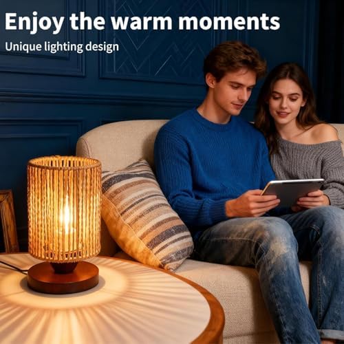 Handmade Rattan Lamp Boho Table Lamp for Bedroom, Stepless Dimming Small Woven Lamps for Night Stands with Warm White LED Bulb, Coastal Boho Lamp for Living Room Reading Nook Office Desk