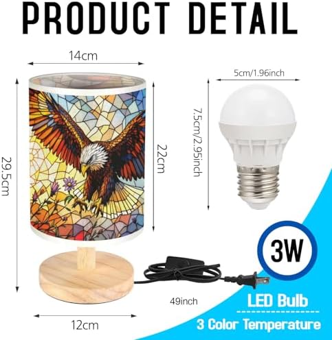 Eagle with Flower Table Lamp LED 3-Color Pressed Bedside, Eagle with Flower Shade Lamp with Wood Base for Bedroom Living Room Desk Office TL01