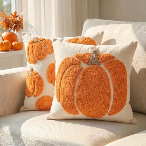 GEEORY Fall Pumpkin Pillow Covers Set of 2, Orange Tufted 16x16