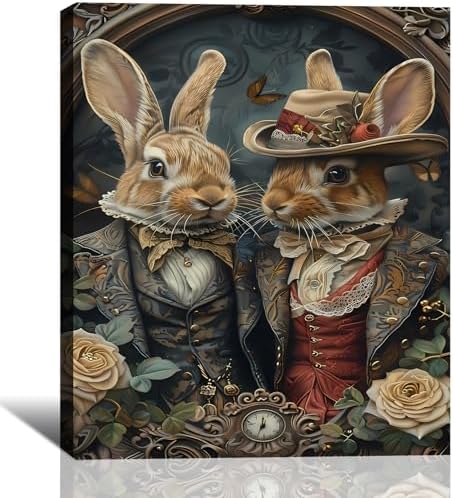 Elegant Easter Bunny Canvas Wall Art 12x18, Retro Dress Up Couple Rabbit Pictures Wall Decor Funny Animal Poster Prints for Office Easter Decorations Home Bathroom Bedroom Artwork