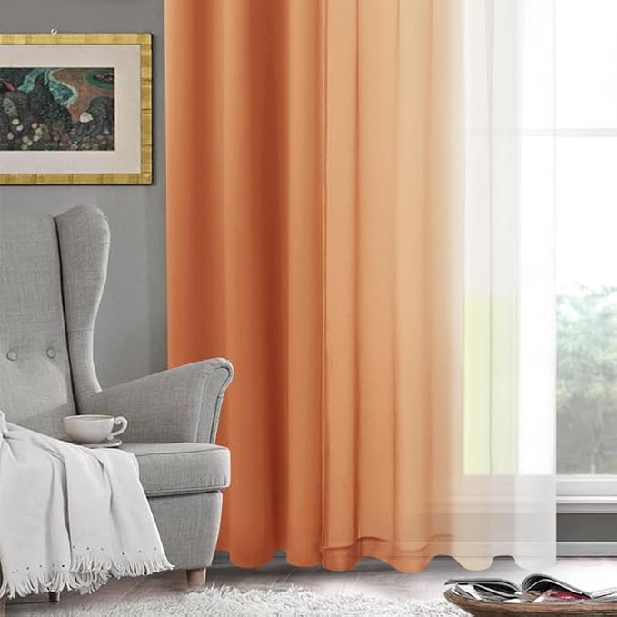 DWCN Faux Linen Ombre Sheer Curtains - Fall Gradient Semi Voile Curtains for Bedroom and Living Room, Set of 2 Grommet Top Window Curtain Panels, 52 x 72 Inches Long, Sunset Orange