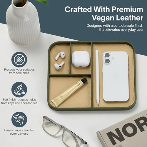 Nordik Leather Valet Tray - Medium EDC Tray - Moss Green 9.5 x 7.9 in