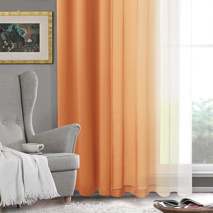 DWCN Ombre Faux Linen Sheer Curtains - Extra Wide Gradient Semi Voile Light Filtering Grommet Top Bedroom and Living Room Curtains, 60 x 84 Inches Long, 2 Panels, Sunset Orange
