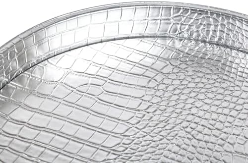 HofferRuffer Faux Leather Round Serving Tray, Vegan Croco Leather Decorative Tray, Food Tray for Storage Drinks, Snack & Cosmetics, Dia.12'' x 1.6'' (Silver)