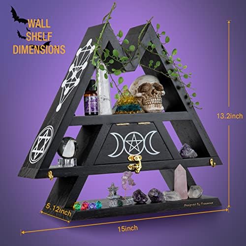Pracaniz Crystal Shelf with Flap Drawer&Hooks for Wall&Desktop, Crystal Holder as Witchy Room Decor,Moon Phase Triangle Shelf,Witchy Decor&Moon Decor for Bedroom.