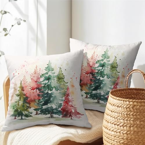 Christmas Tree Outdoor Throw Pillow Cover 20x20 Inch Set of 2 Winter Colorful Pine Tree Cushion Covers Xmas Holiday Theme Accent Pillowcase for Home Bedroom Sofa Patio
