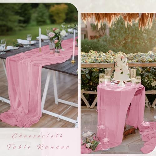 Cheesecloth Table Runner 10FT Dusty Rose Runner for Tables Gauze Fabric Boho 35 x 120 Inches Long Table Runner Decoration Rustic Sheer Runner for Wedding Baby Birthday Party (Dusty Rose)