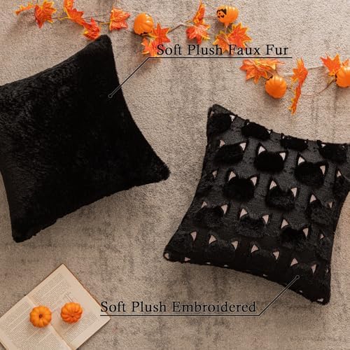 Halloween Black Cat Throw Pillow Covers 20x20 Inch Set of 2, Spooky Ghost Faux Fur Cushion Covers for Fall Decor, Soft Decorative Farmhouse Pillowcases for Sofa Bench Living Room (Pink)