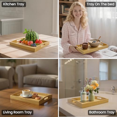 Set of 2 Bamboo Serving Trays with Handles, Wooden Breakfast Trays