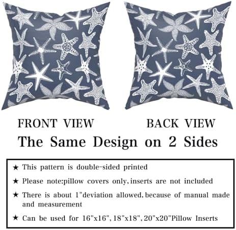 Giwawa Nautical Starfish Throw Pillow Covers 20"x20" Navy Blue Coastal Beach Themed Decorative Cotton Pillow Cases Summer Ocean Cushion Covers Set of 2 for Sofa Couch Bedding Living Room