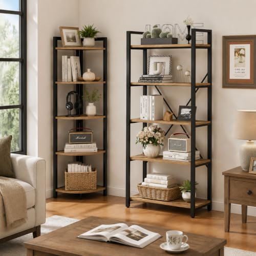 FATORRI Tall Corner Shelf, Industrial Corner Bookshelf, Wood and Metal Corner Shelf Stand for Living Room, Rustic Display Plant Stand for Home Office (Rustic Oak)