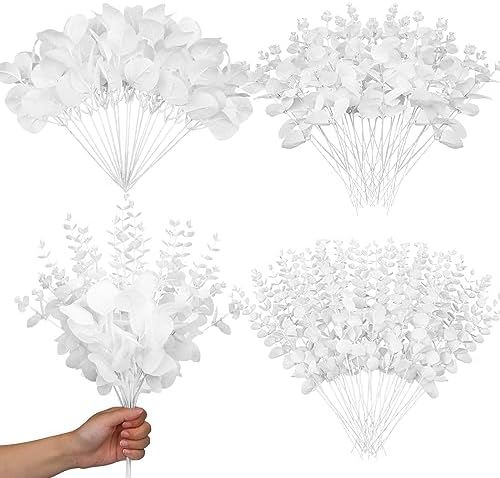 Giegxin 90 Pcs Mixed Artificial Eucalyptus Leaves Stems Bulk White