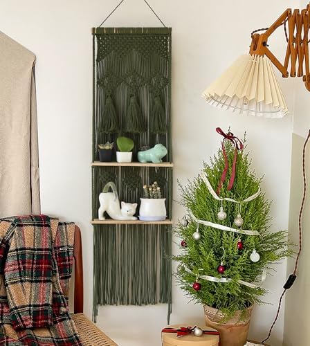 Flber Hanging Shelf Macrame Wall Hanging Green Boho Shelfs Tassels Floating