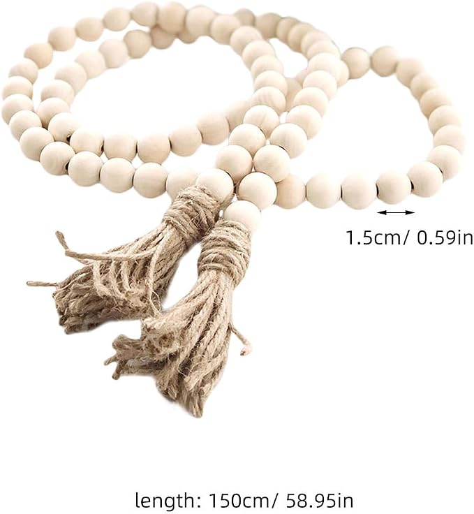 Vosarea Wood Bead Garland Rustic Farmhouse Beads with Tassel Home Wall Hanging Prayer Beads Decor Beads Wooden