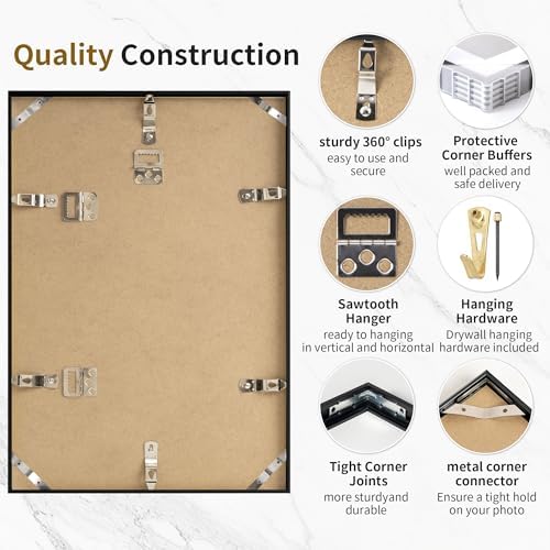 11x15 Metal Picture Frame with 8x10 Mat, Brushed Aluminum Finish, Attached Hanging Hardware, and Tempered Glass Front - Versatile Vertical or Horizontal Wall Display Frames Set of 1 - Black