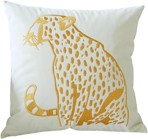 Luxury Embroidery Leopard Throw Pillowcase Gold Embroidered Velvet Cloth Cushion Cover Decorative Leopard Print Cheetah Pillows Case for Preppy Stuff Room 1PCS (White)