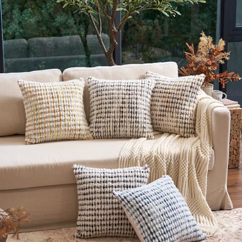 Aeckself Boho Chenille Tufted Pillow Cover 18x18 Inch, Decorative Square Throw Pillow Cover Neutral Pillowcase for Couch Bedroom Living Room, Black Gray