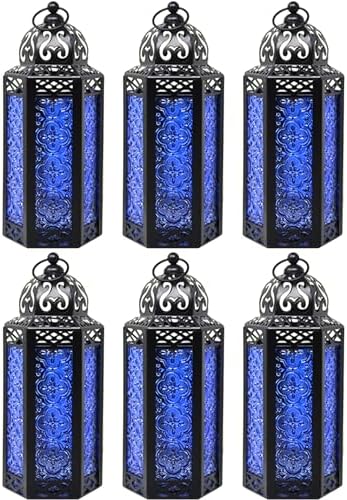 Vela Lanterns Decorative Indoor Moroccan Candle Holder, Cobalt, M, 6-Pack