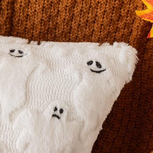Halloween Cute Ghost Throw Pillow Covers 18x18 Inch Set of 2 Soft Plush Faux Fur Cushion Covers for Fall Decor, Soft Spooky Decorative Pillowcases for Couch Sofa Bench Living Room