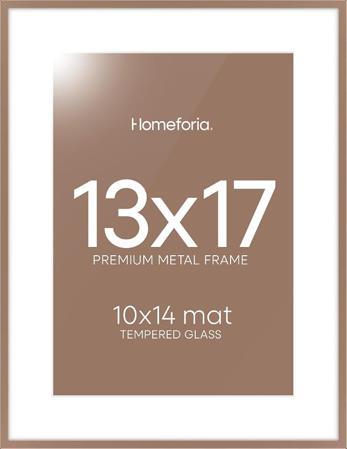 Homeforia 13x17 Mocha Picture Frame, High-End Metal, 10x14 Mat, Glass