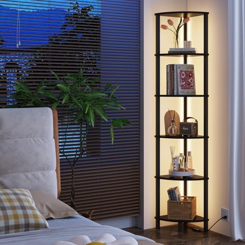 VIMBER 6-Tier Corner Shelf with LED Light, Industrial Corner Ladder Shelf, Rustic Display Shelf for Living Room, Bedroom, Kitchen, Home Office, Sturdy Frame, Black UJSJ002B