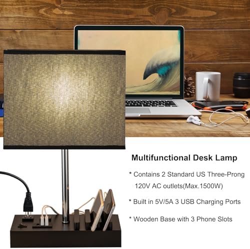 Briever USB Table Lamp, Multi-Functional Desk Lamp with 2 AC Outlets, Bedside Lamp with 3 USB Charging Ports and Wooden Phone Stands, Nightstand Lamp for Bedroom, Livingroom, Office, Black Shade