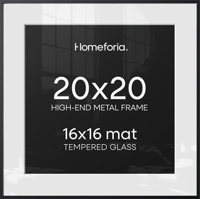 Homeforia 20x20 Black Picture Frame, High-End Metal, 16x16 Mat, Glass