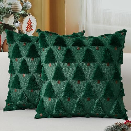UGASA Christmas Decorative Pillow Covers 18x18 Inch Soft Plush Faux Fur Jacquard Throw Pillows Pillowcases for Couch Sofa Holiday Festivals Winter Home Decor Set of 2 Dark Green