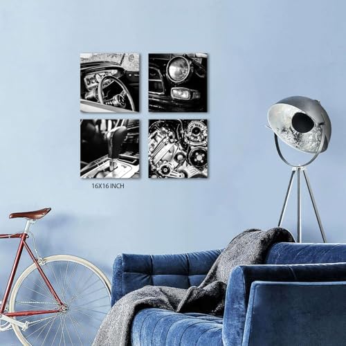 Black and White Wall Decor for Men Bedroom Decor Retro Car Posters Vintage Steering Wheel Picture Classic Car Engines Canvas Prints Painting Industrial Artwork for Boy Room Home Decoration 16x16" 4Pcs