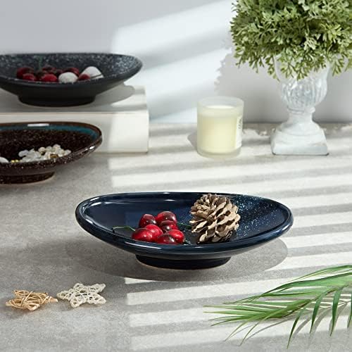 10" Oval Blue Ceramic Decorative Bowl, Starry Sky Stoneware