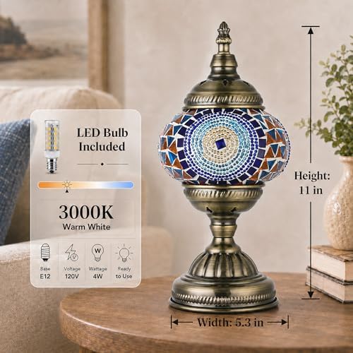 GOGERS Turkish Moroccan Table Lamp Lantern with Handmade Mosaic Glass Lampshade Tiffany Style Bohemian Stained Glass Decorative Desk Lamps Bedside Night Lights for Bedroom (Blue Colorful)
