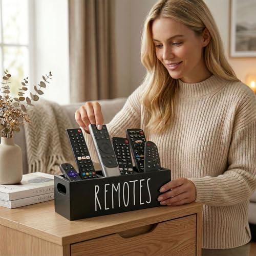 Remote Control Holder, Farmhouse Remote Storage Caddy, Bedside TV Controller Box, Rustic Wood Media Organizer Tray for Home Bedroom Table (Black)