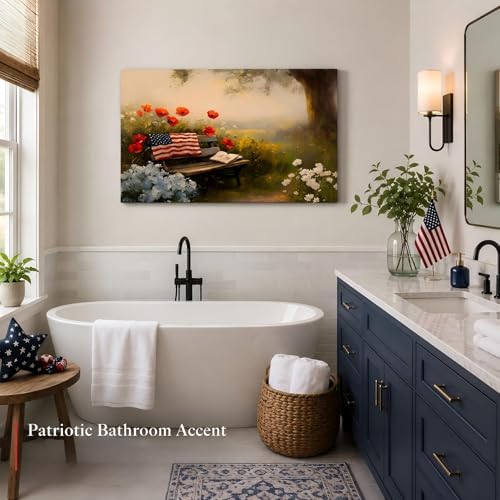 RIBNTAK Made in USA Farmhouse Floral 4th of July Canvas Prints– Vibrant Bench in Peaceful Garden Landscape Wall Art, Memorial Day Pictures for Living Room, Bathroom, or Office Wall Decor