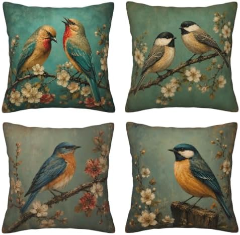 Vintage Bird Throw Pillow Covers Set of 4 Decorative Soft Double Sided Print Pillow Case Farmhouse Home Decor for Living Room Sofa Couch 18x18