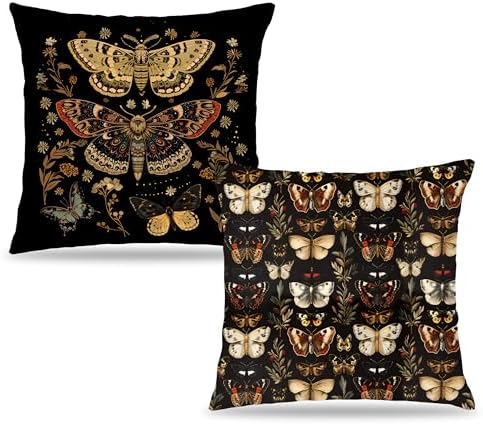 Moody Gothic Floral Butterfly Pillow Covers 18x18 Set of 2, Butterfly Room Home Decor, Dark Cottagecore Rustic Flower Botanical Moth Decorative Throw Pillow Covers