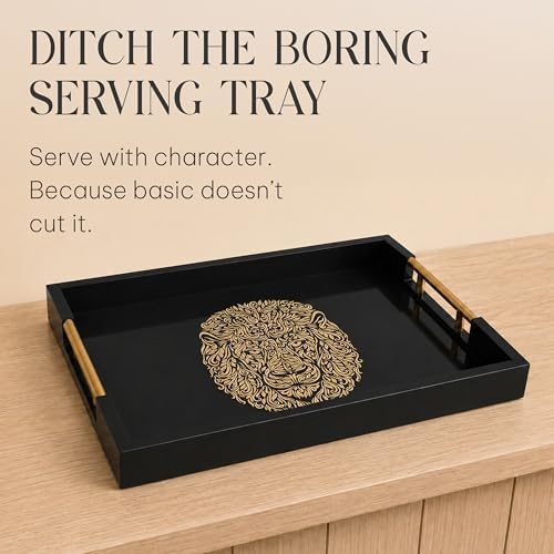 Serving Tray with Gold Lion Design, Black Gloss by Death Decor