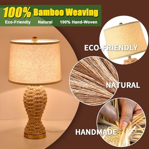 24.4" Boho Table Lamps for Living Room, Bedside Lamp for Nightstands, Rattan Lamp Wicker Lamp for Bedroom, Farmhouse Rustic Woven Table Lamp for Kitchen Room Decor, End Table, Retro(No Bulb)